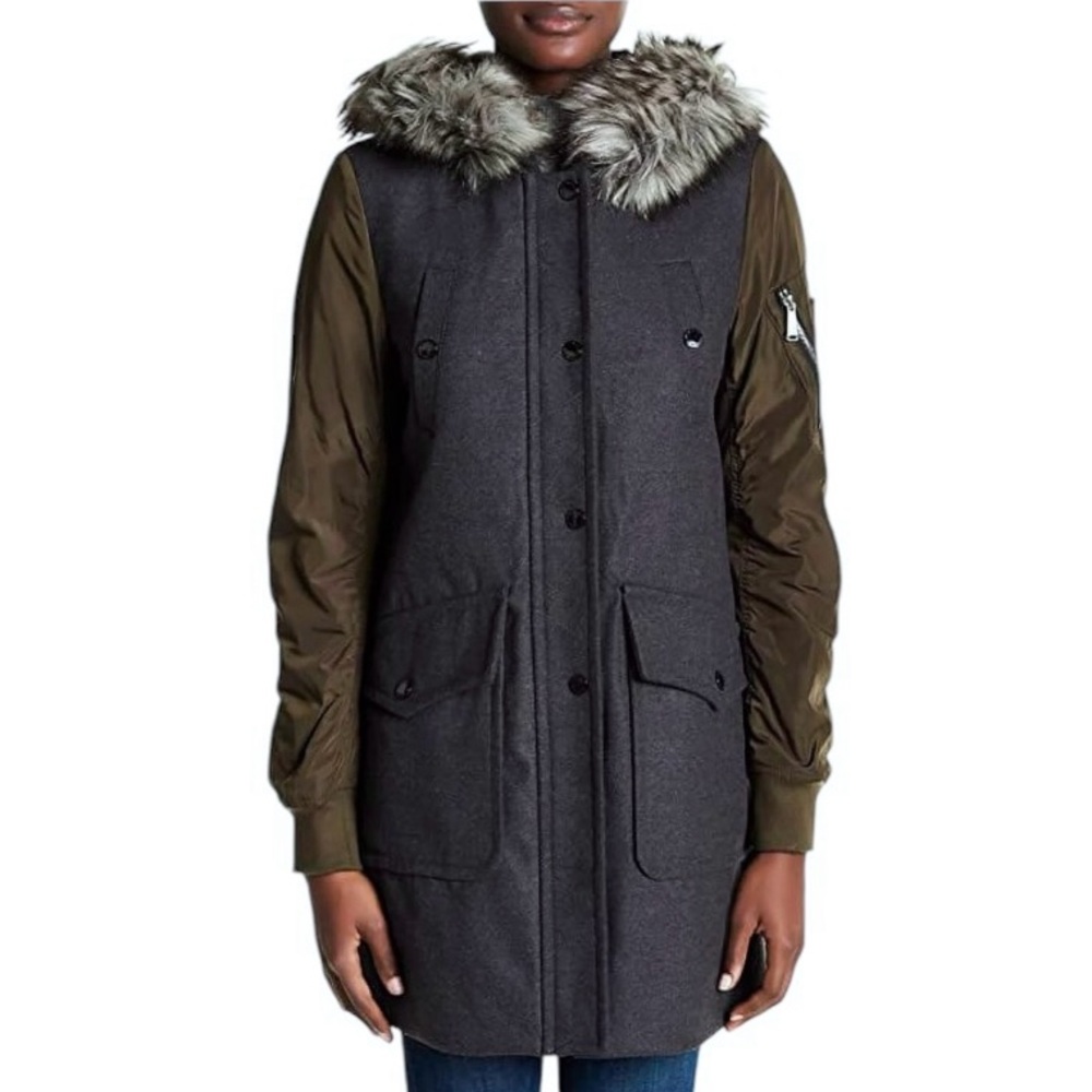 BCBG Womens Winter Parka Coat Military Green Removable Fur Hood Jacket Size L